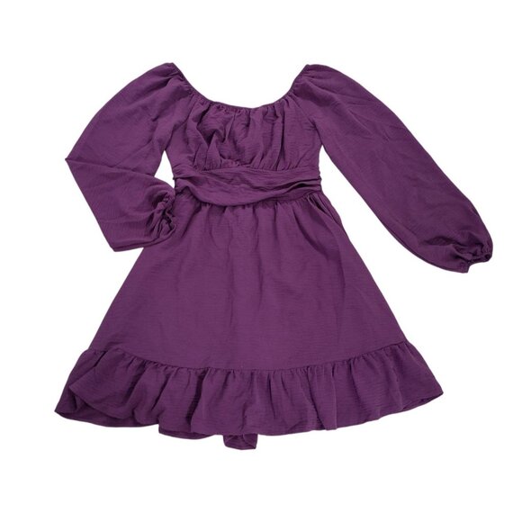 Purple long sleeve dress with bow at back and ruffle at hem, polyester, size M. - Picture 5 of 8